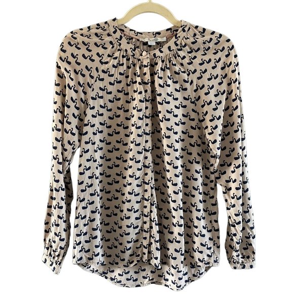 Boden Paris Cream Blue Swan Long Sleeve Crew Neck Button Down Top Blouse 4 - Picture 1 of 8